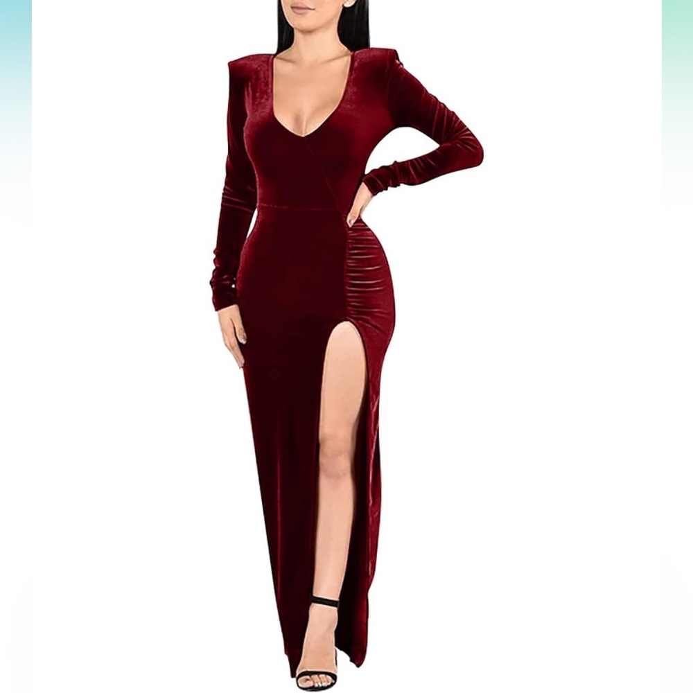 Sexy Bodycon Long Sleeve Deep V Neck High Slit Cocktail Party Maxi Dresses M